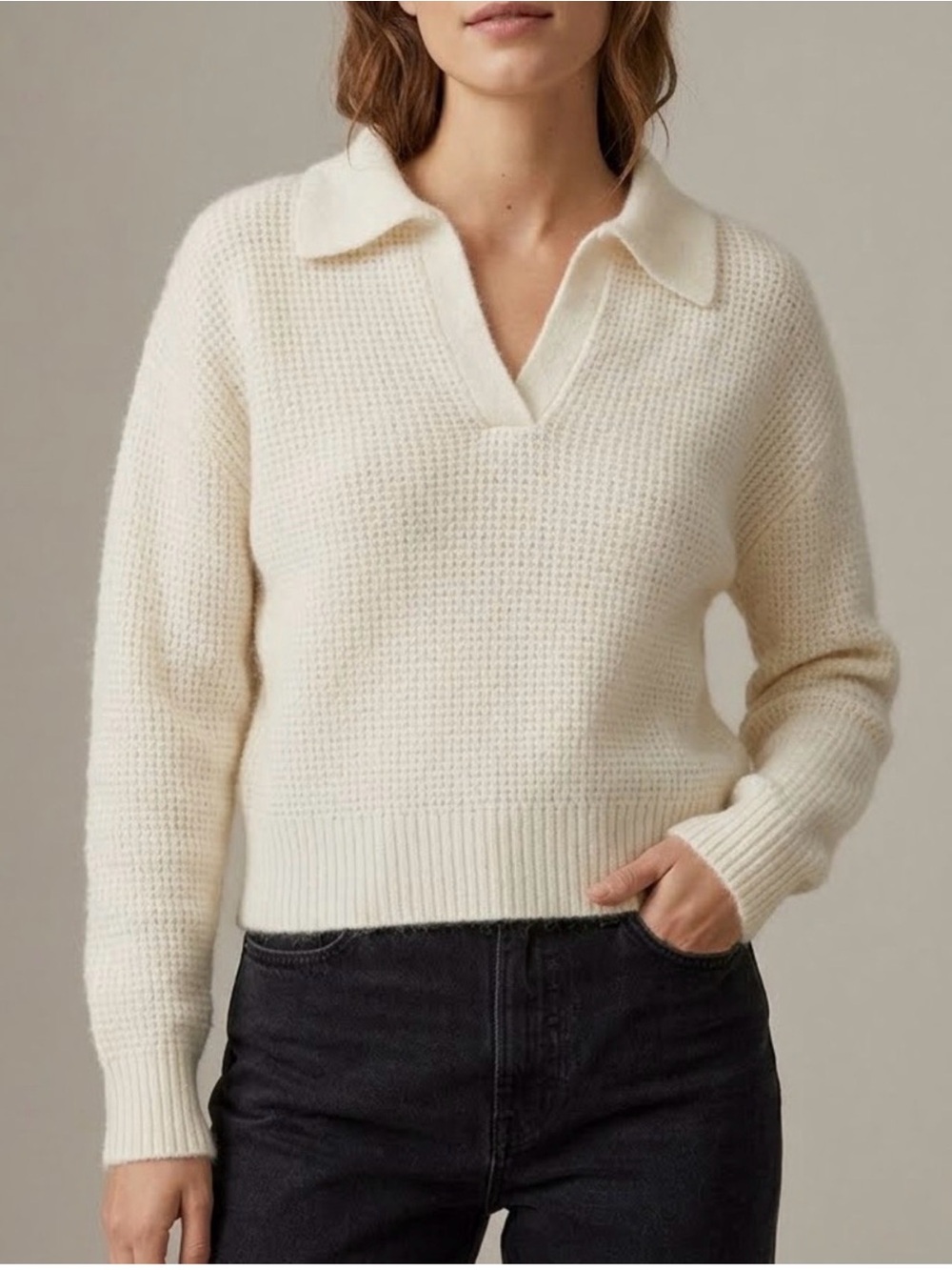 Everlane The Alpaca Waffle Stitch Polo Sweater Cream Wool Blend Women’s M